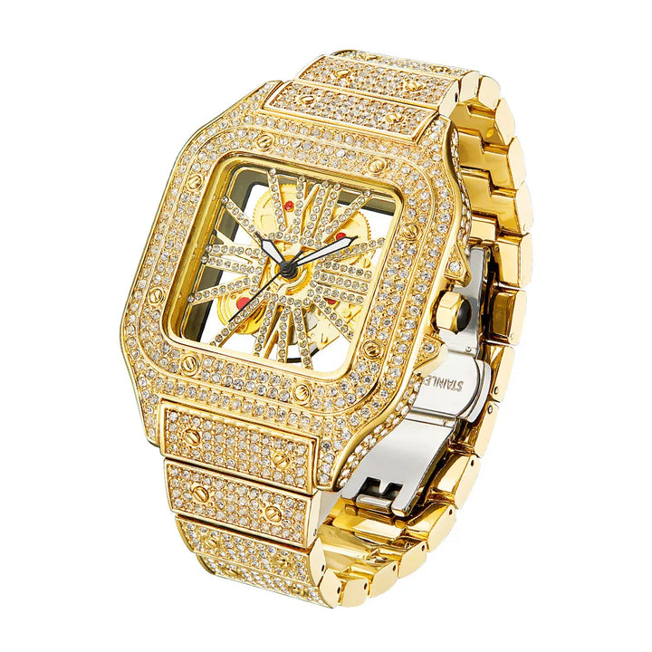 Aokaishen Iced Out perspective mechanical watches Stainless Steel Wristwatches for men Full Stones Zircon Quartz Square Gift