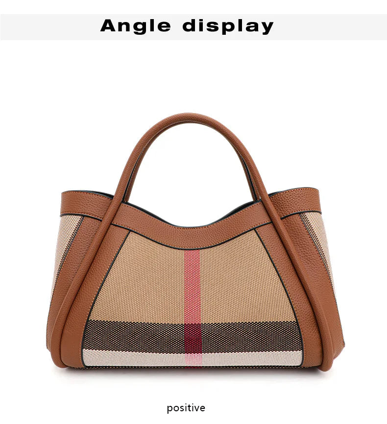 Aidrani  2025 New retro checkered women's handbag, large capacity luxury bag, canvas genuine leather bag