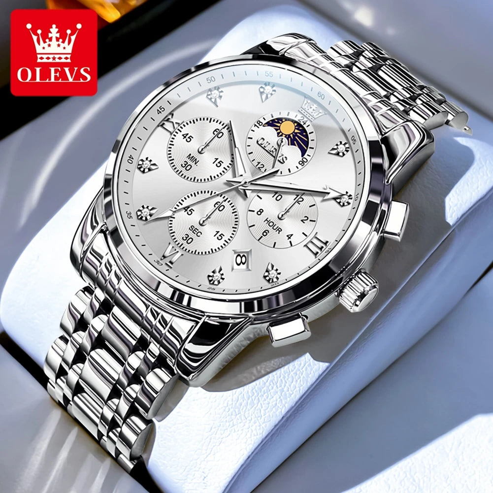 OLEVS Top Luxury Brand Men's Watches Moon Phase Chronograph Quartz Watch for Man Gold Stainless Steel Luminous Original Watch