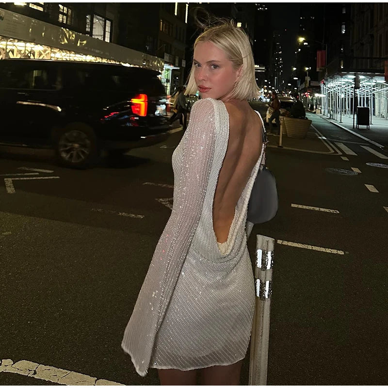 Women's Sparkling Backless Long Sleeved Dress Silver White Sexy Gauze Short Dresses Shiny Lining Elegant Summer Autumn Lady Top