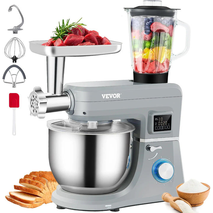 VEVOR 5 IN 1 Stand Mixer Tilt-Head Multifunctional Electric Mixer w/ 6 Speeds LCD Screen Timing 7.4 Qt Stainless Bowl Dough Hook