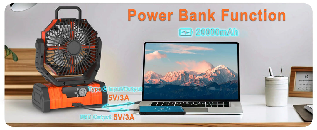 20000mAh High-Capacity Battery LED Light Camping Fan Movable Wireless Air Circulators Outdoor Ventilador with Hook