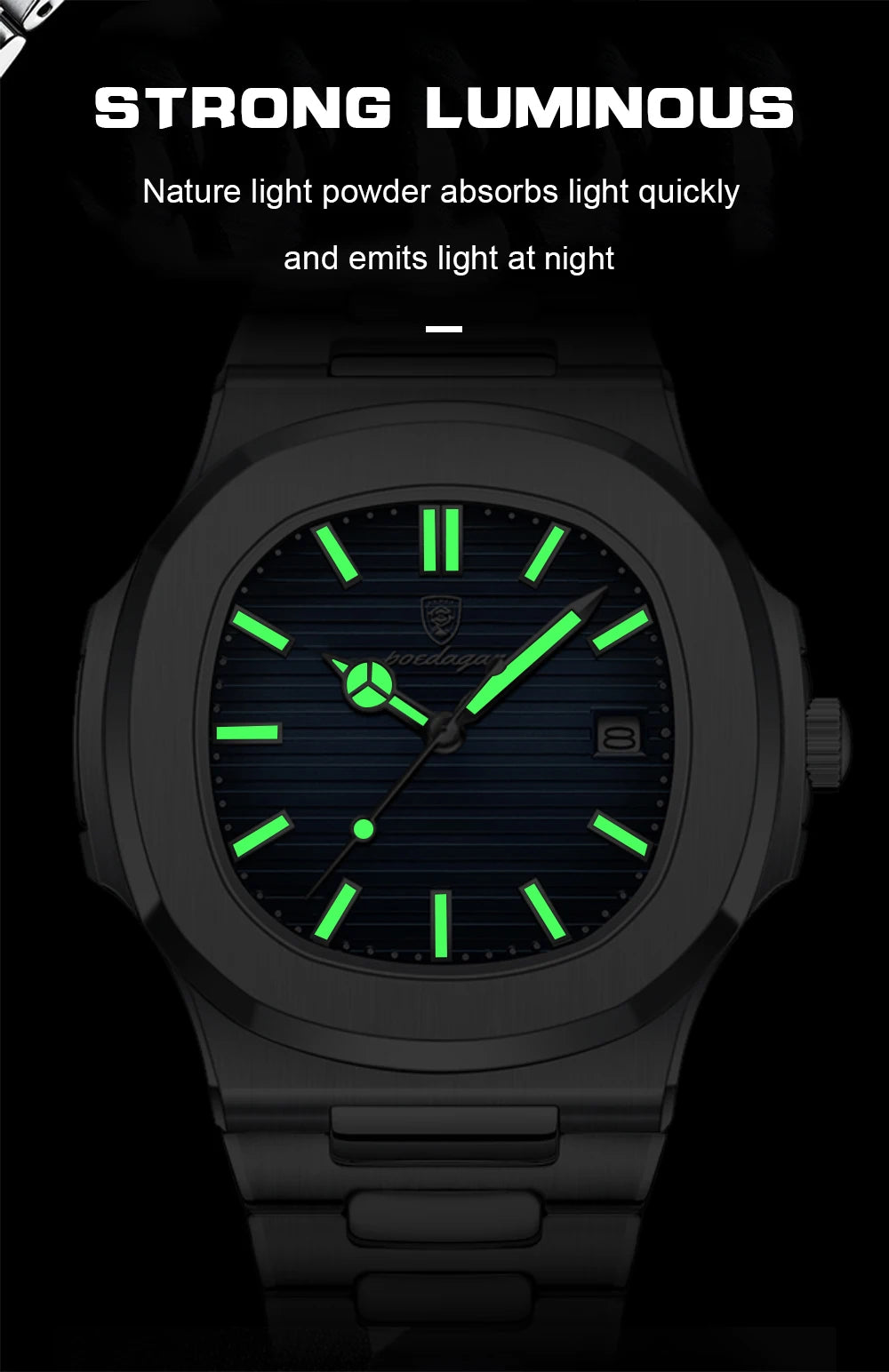 POEDAGAR Luxury Casual Watch Top Brand Fashion Square Dial Stainless Steel Calendar Luminous Waterproof Men Watch Male Clock+Box