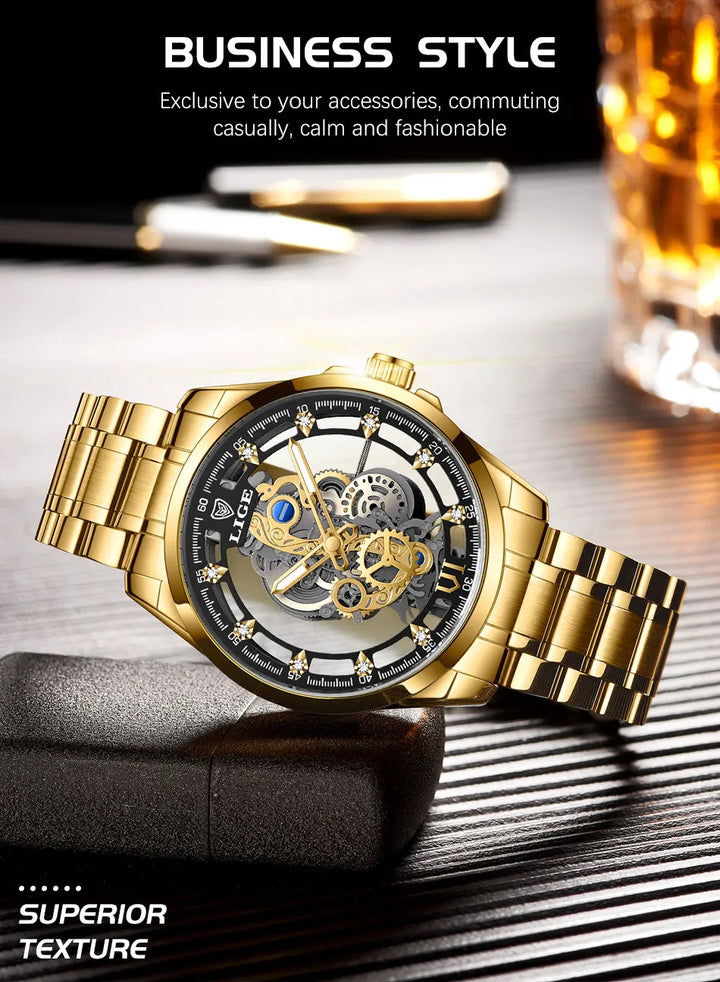 LIGE New Fashion Mens Watches Top Brand Luxury Hollow Watch Men Military Sports Waterproof Quartz Watch For Men Montre Homme+BOX