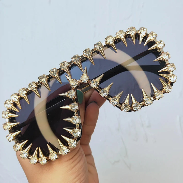 Steampunk Nail Diamond Oversized Sunglasses For Women Luxury Punk Rhinestones One Piece Sun Glasses Men Hip Hop Shades Eyewear