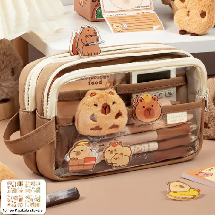 Clear Plastic Pencil Case With Cute Capybara Plush And Pins Multi-layers Pouch Large Capacity Aesthetic Pencil Pouch Stationary