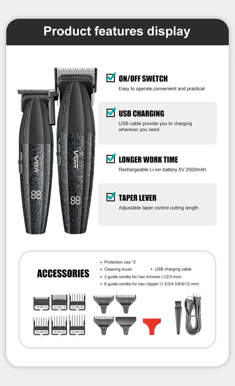 VGR Hair Trimmer Professional Electric Hair Clipper Barber Hair Cutting Machine 9000 RPM Haircut Metal Trimmer for Men V-640