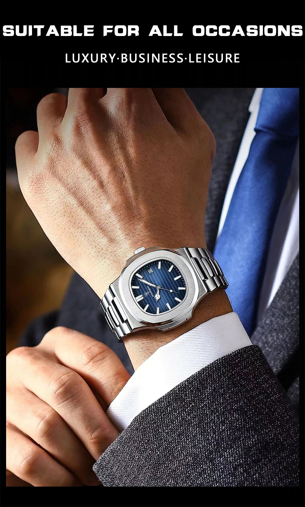 POEDAGAR Luxury Classic Man Watches Luminous Date Stainless Steel Square Quartz Male Clock Waterproof Watch for Men Reloj +Box