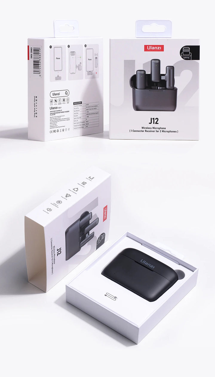Ulanzi J12 Wireless Lavalier Microphone System Audio Video Recording Microphone Mini Mic for iPhone Android Live Broadcast