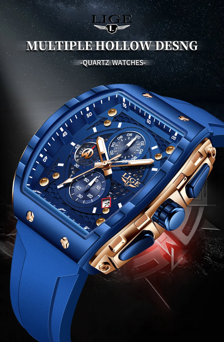 LIGE Outdoor Square Casual Sport Quartz Man Watch Top Brand Luxury Watches Fashion 50M Waterproof Auto Date Silicone Chronograph