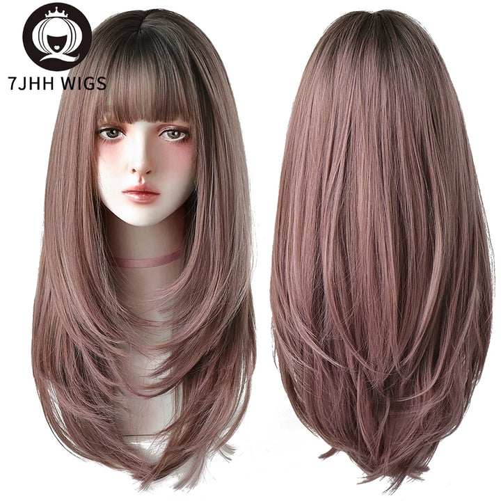 7JHHWIGS Long Wavy Synthetic Black Wigs For Women With Fringe Fashion Heat Resistant Mid-Length Daily Straight Light Brown Hair