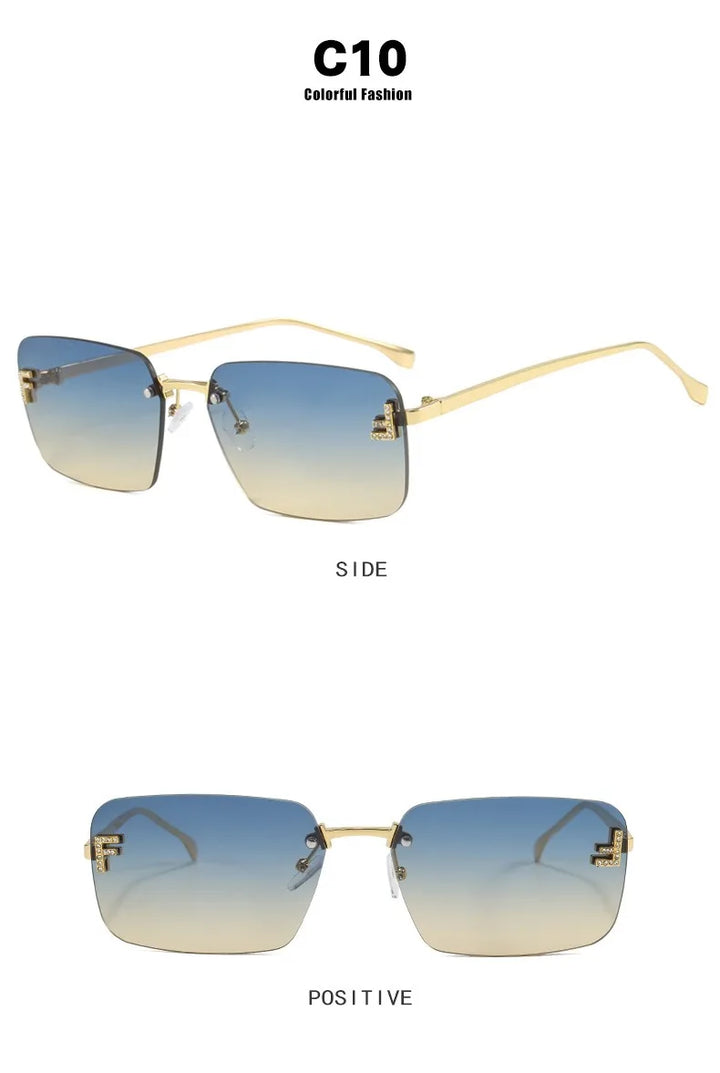 Rimless Sqaure Sunglasses F Letter Rectangle Shades For Men Women Trendy Driving Frameless Casual Eyewear UV400 Oculos Del Sol