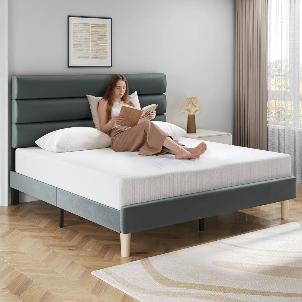Queen Size Bed Frame, Velvet Padded Headboard, Metal Support, Easy To Assemble, Storage Space, No Spring Box Required