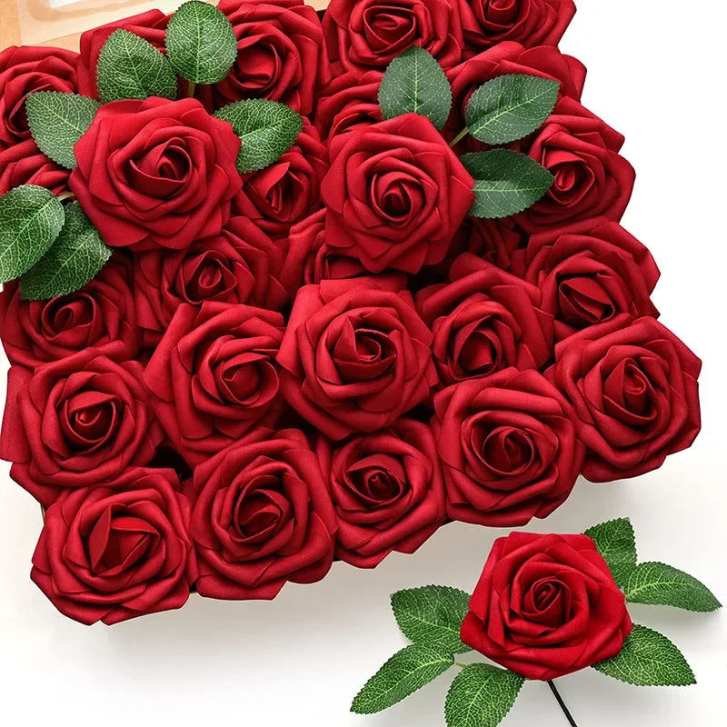 Realistic Artificial Red Roses with Stems