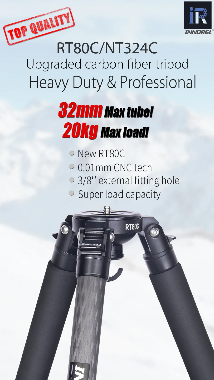 INNOREL RT80C Carbon Fiber Camera Tripod Professional Birdwatching Heavy Duty Tripod 75mm Bowl Adapter for DSLR Video Camcorder