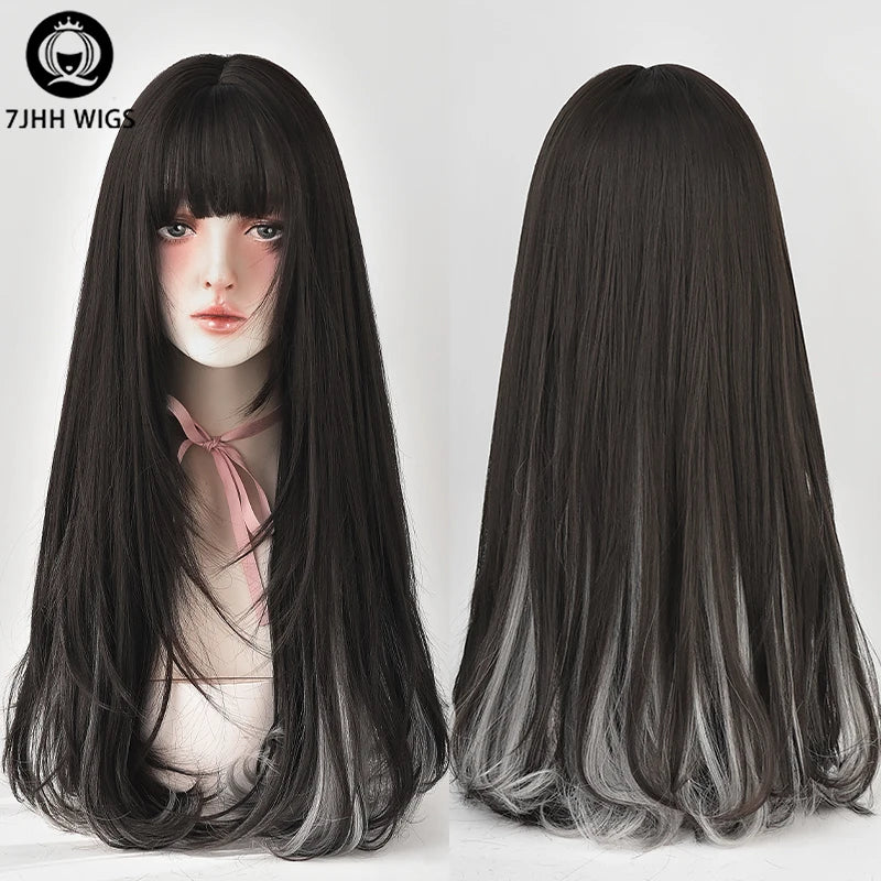7JHHWIGS Long Wavy Synthetic Black Wigs For Women With Fringe Fashion Heat Resistant Mid-Length Daily Straight Light Brown Hair