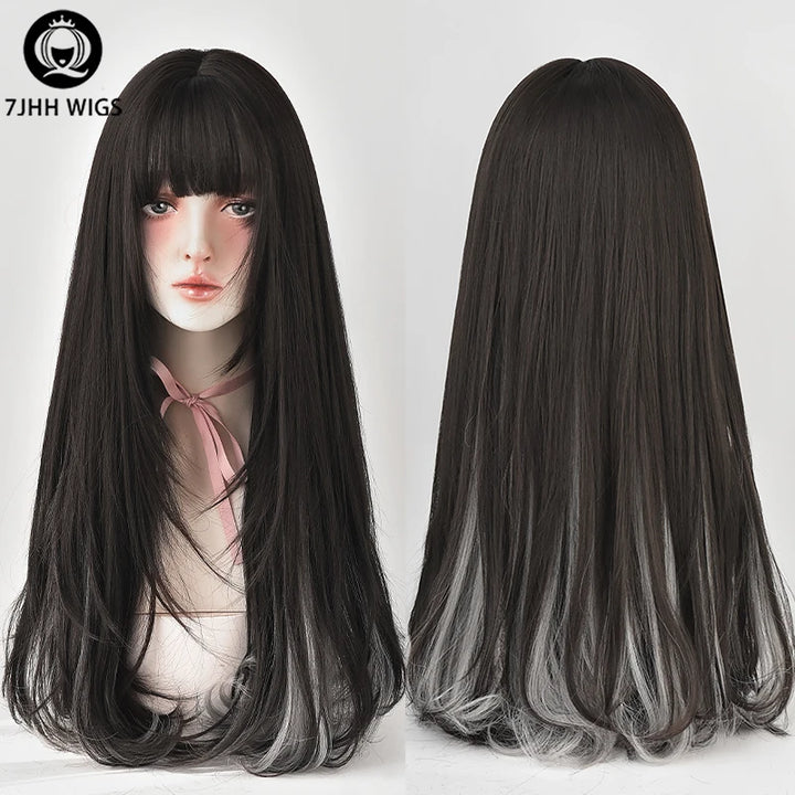 7JHHWIGS Long Wavy Synthetic Black Wigs For Women With Fringe Fashion Heat Resistant Mid-Length Daily Straight Light Brown Hair
