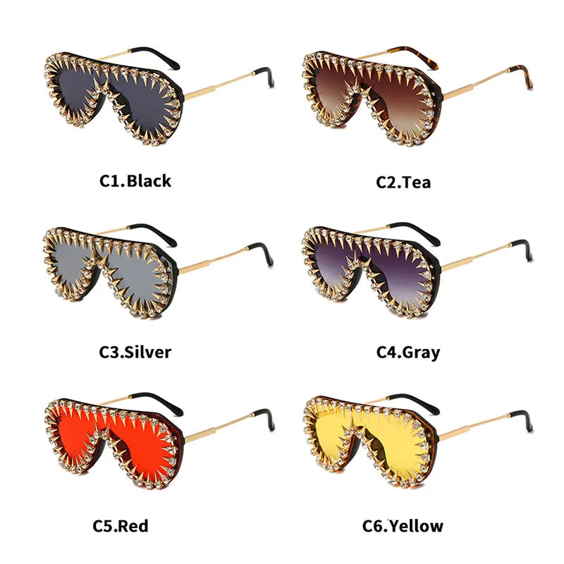 Steampunk Nail Diamond Oversized Sunglasses For Women Luxury Punk Rhinestones One Piece Sun Glasses Men Hip Hop Shades Eyewear