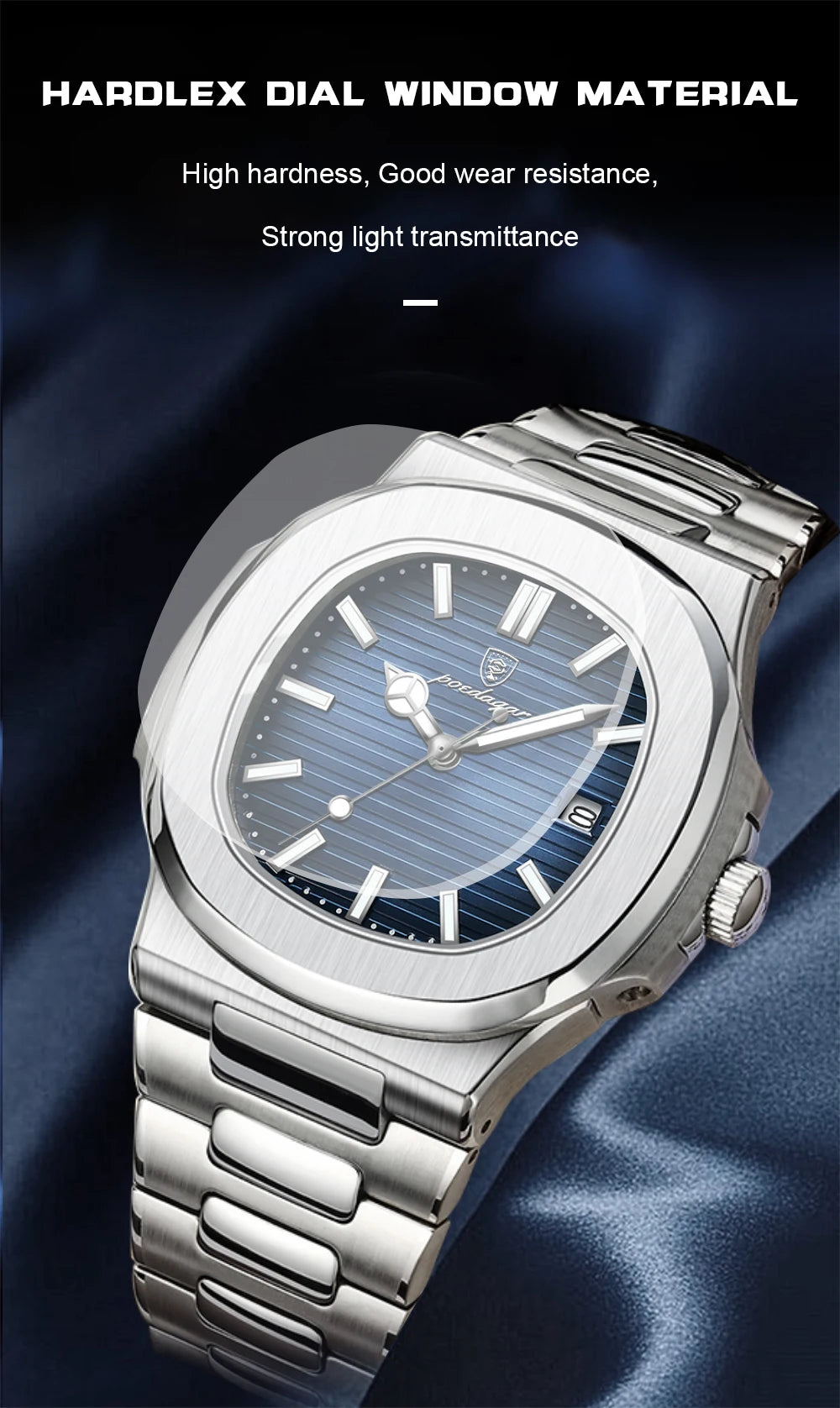 POEDAGAR Luxury Casual Watch Top Brand Fashion Square Dial Stainless Steel Calendar Luminous Waterproof Men Watch Male Clock+Box
