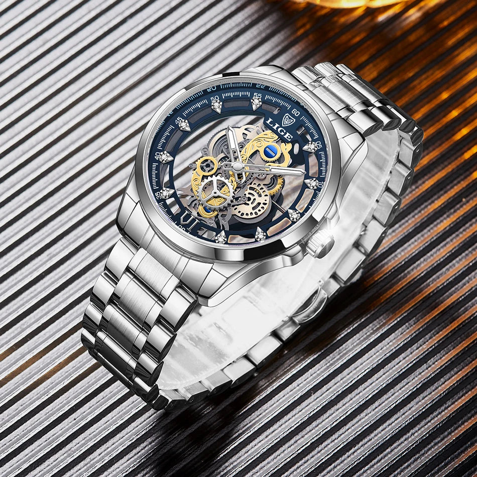LIGE New Fashion Mens Watches Top Brand Luxury Hollow Watch Men Military Sports Waterproof Quartz Watch For Men Montre Homme+BOX