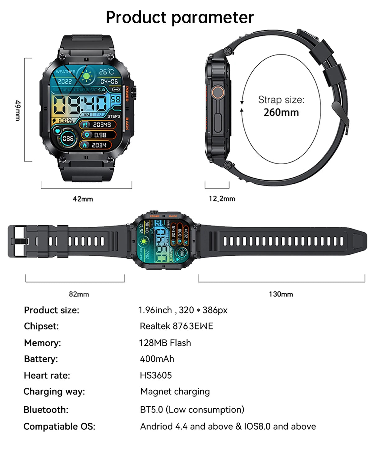 LIGE 1.96”Bluetooth Call Smart Watch Men 400mAh Waterproof Sport Fitness Tracker health monitor Smartwatch for Android IOS Phone
