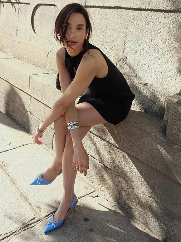 Hollow Out Sleeveless Dress Women Sexy Temperament Waist Cinching Slimming Elastic Summer Round Neck Hip Hugging Short Dress