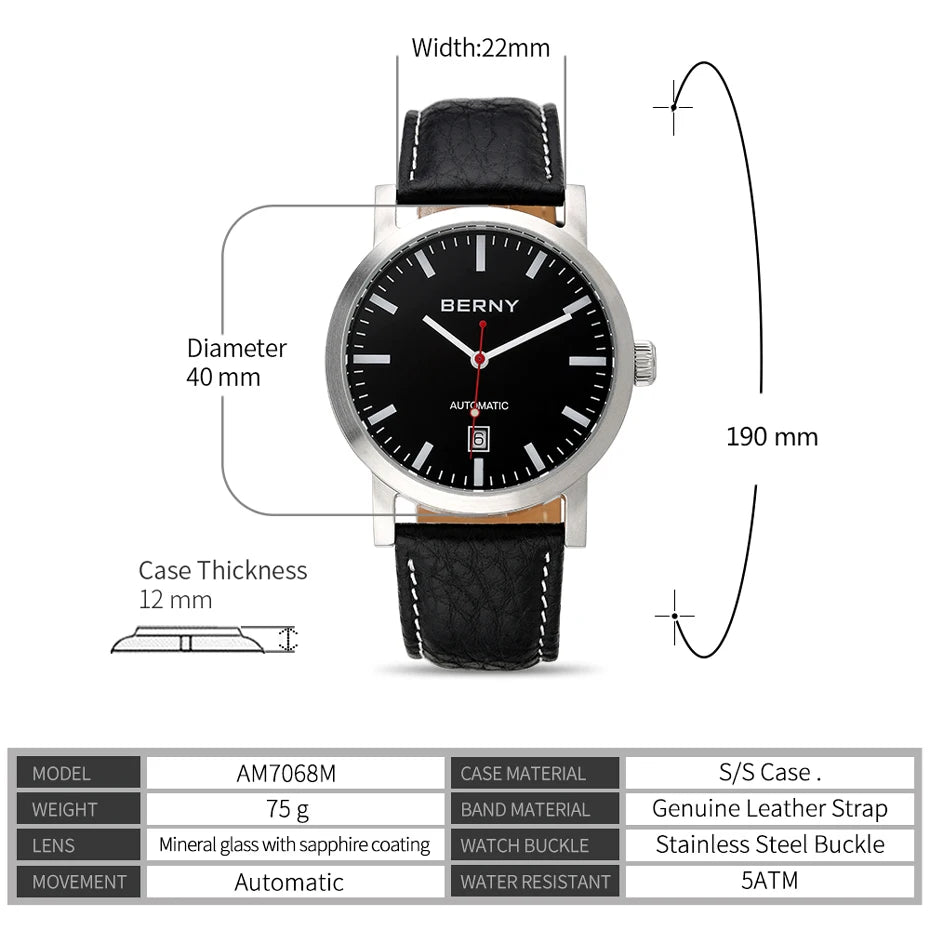 BERNY Watch for Men Mechanical Automatic Watches Seagull Luxury Brand Male Clock Water Resistant Swiss Railway Men's Wristwatch