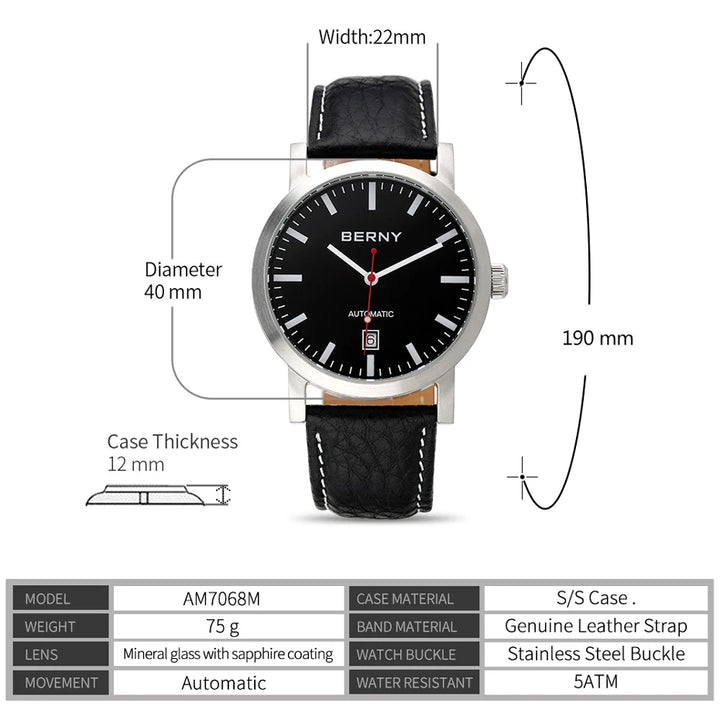 BERNY Watch for Men Mechanical Automatic Watches Seagull Luxury Brand Male Clock Water Resistant Swiss Railway Men's Wristwatch