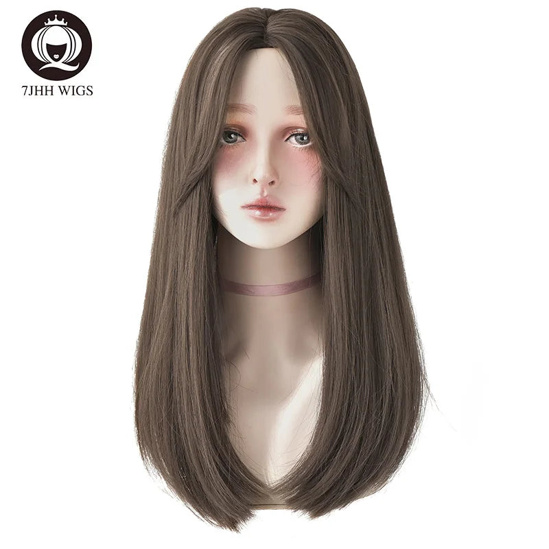 7JHHWIGS Long Wavy Synthetic Black Wigs For Women With Fringe Fashion Heat Resistant Mid-Length Daily Straight Light Brown Hair