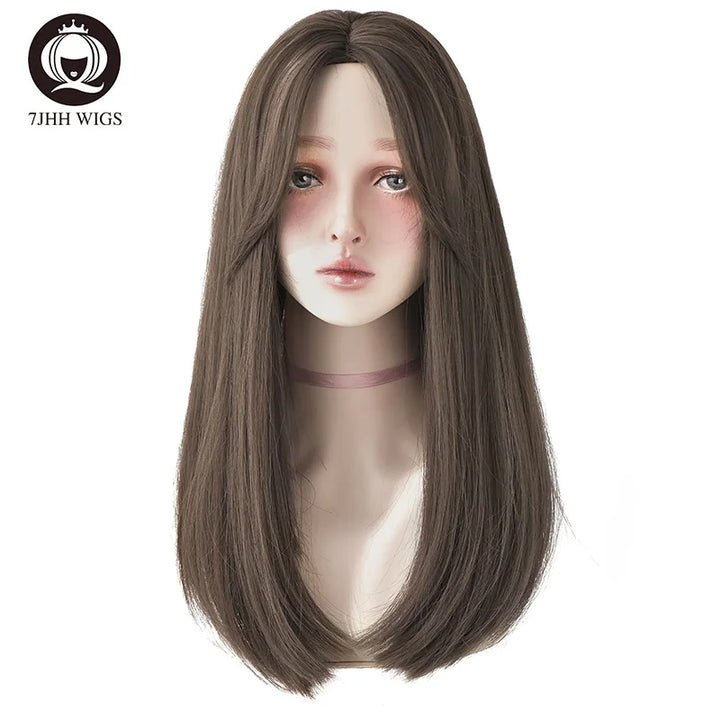 7JHHWIGS Long Wavy Synthetic Black Wigs For Women With Fringe Fashion Heat Resistant Mid-Length Daily Straight Light Brown Hair