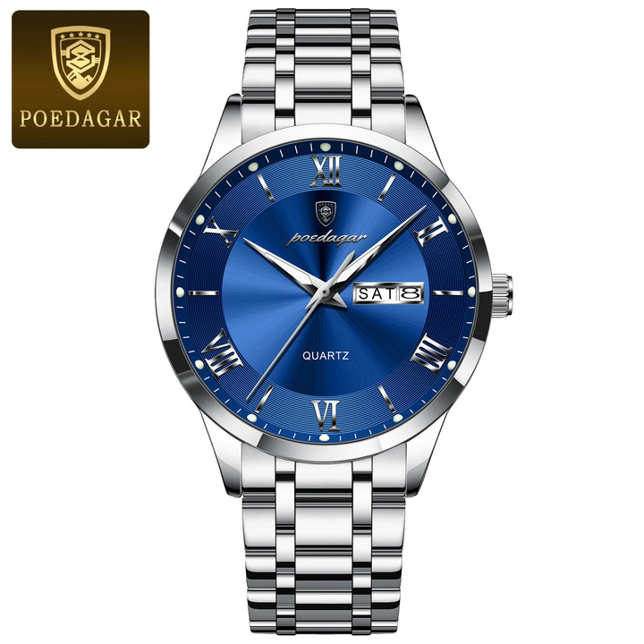 POEDAGAR Business Fashion Man Watch Waterproof Luminous Date Week Male Wristwatch Stainless Steel Quartz Men Watches Reloj +Box
