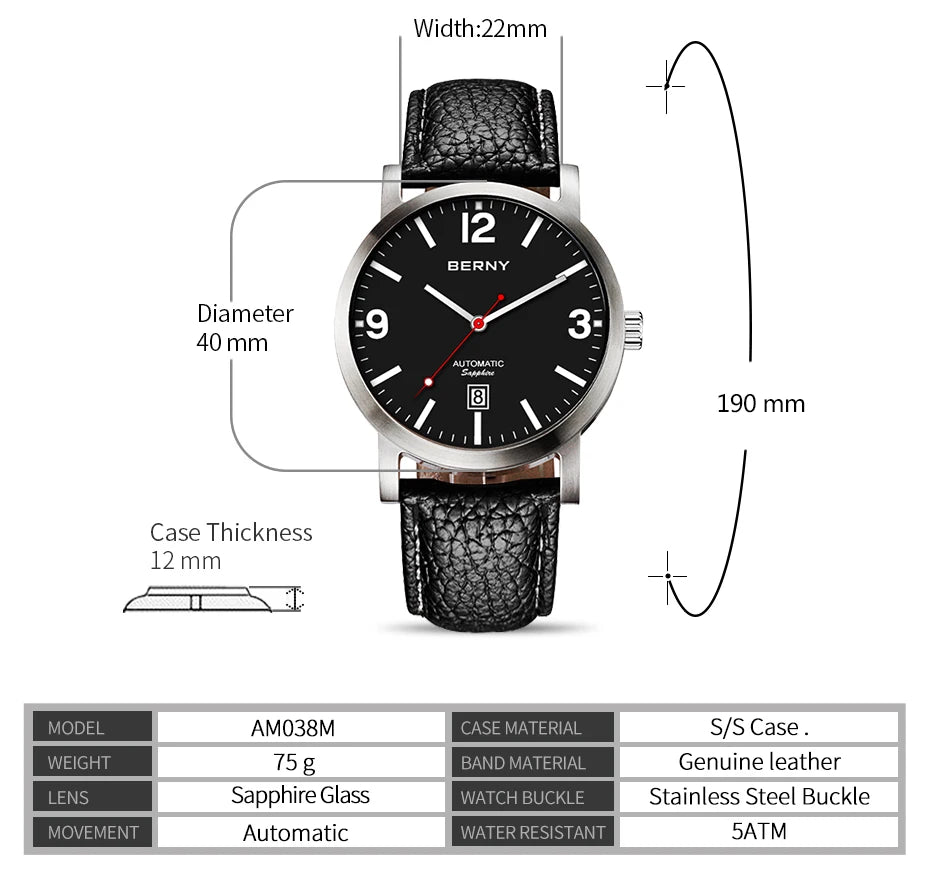 BERNY Watch for Men Mechanical Automatic Watches Seagull Luxury Brand Male Clock Water Resistant Swiss Railway Men's Wristwatch