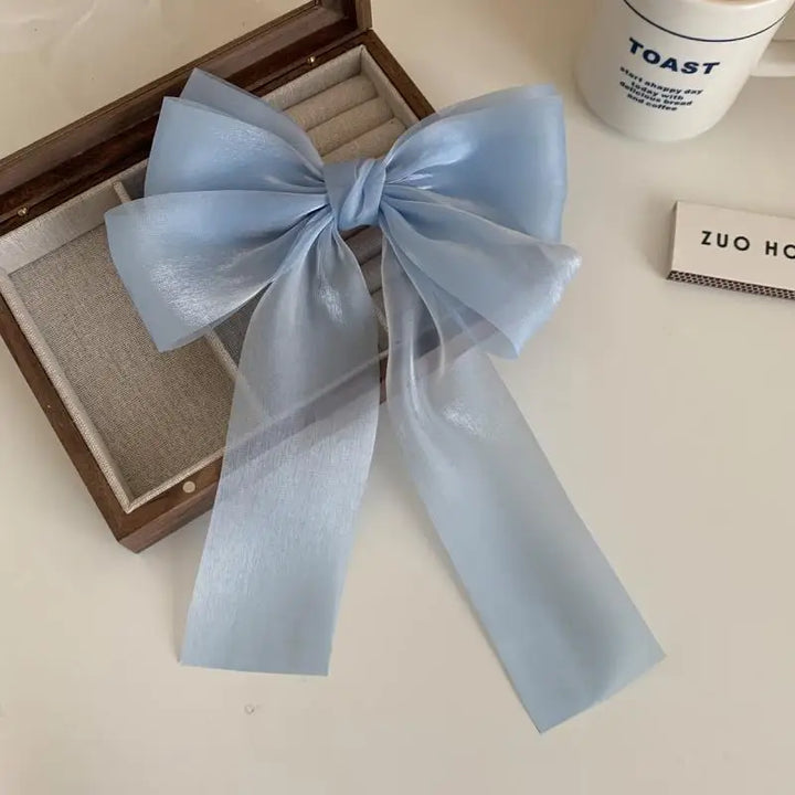 Sweet Blue Shining Satin Bowknot Hair Clip Big Ribbon Bow Barrette Solid Color Scarf Hairpin Ponytail Clip Hair Accessories