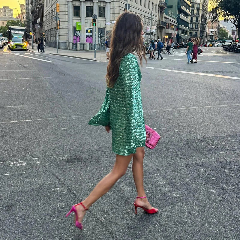 Women's Sparkling Backless Long Sleeved Dress Silver White Sexy Gauze Short Dresses Shiny Lining Elegant Summer Autumn Lady Top