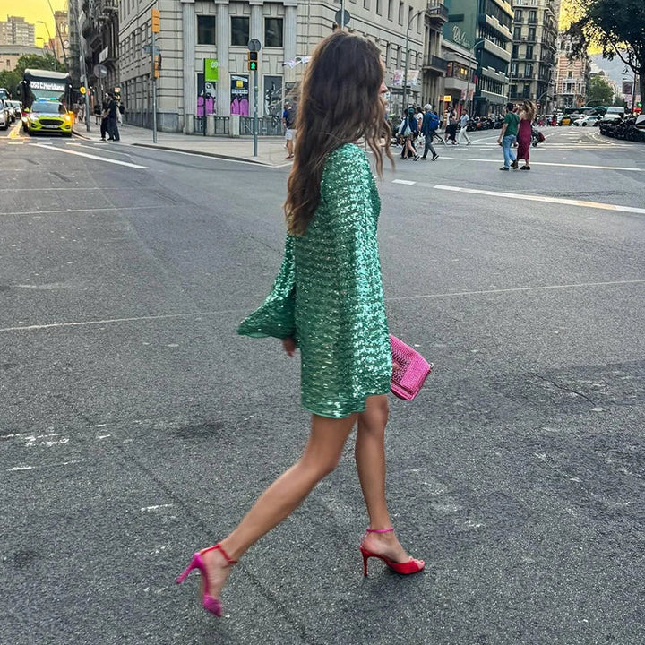 Women's Sparkling Backless Long Sleeved Dress Silver White Sexy Gauze Short Dresses Shiny Lining Elegant Summer Autumn Lady Top