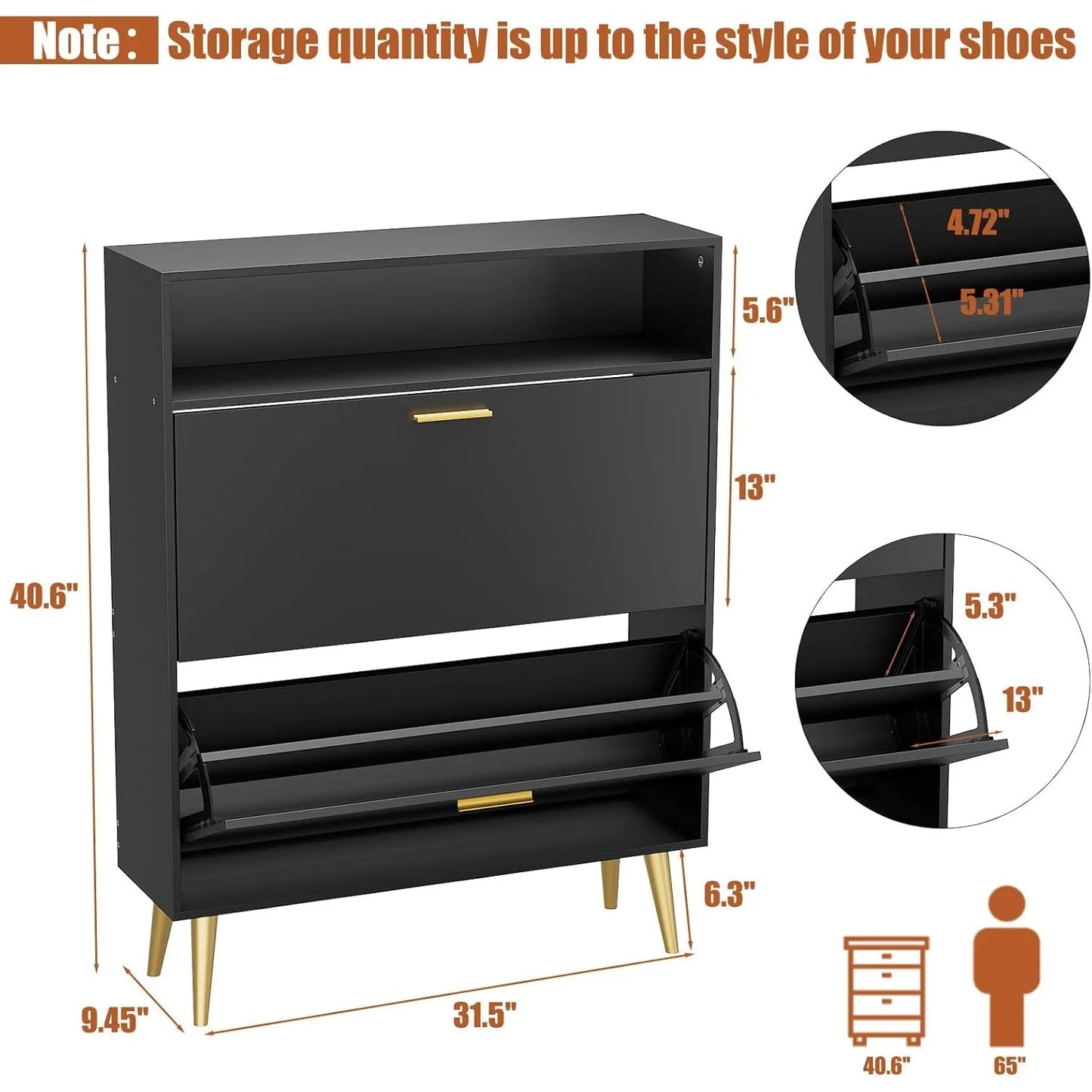 Slim Shoe Cabinet with 2 Flip Drawers