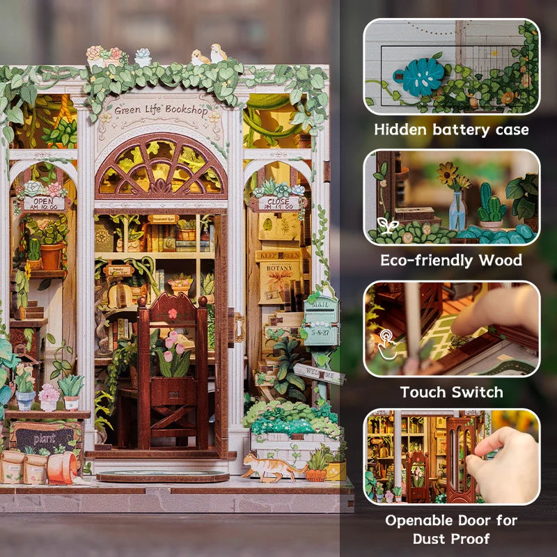 CUTEBEE Bookstore Book Nook with Light DIY Miniature Wooden Dollhouse for Decor Gift Bookshelf Insert Kit 3D Puzzle