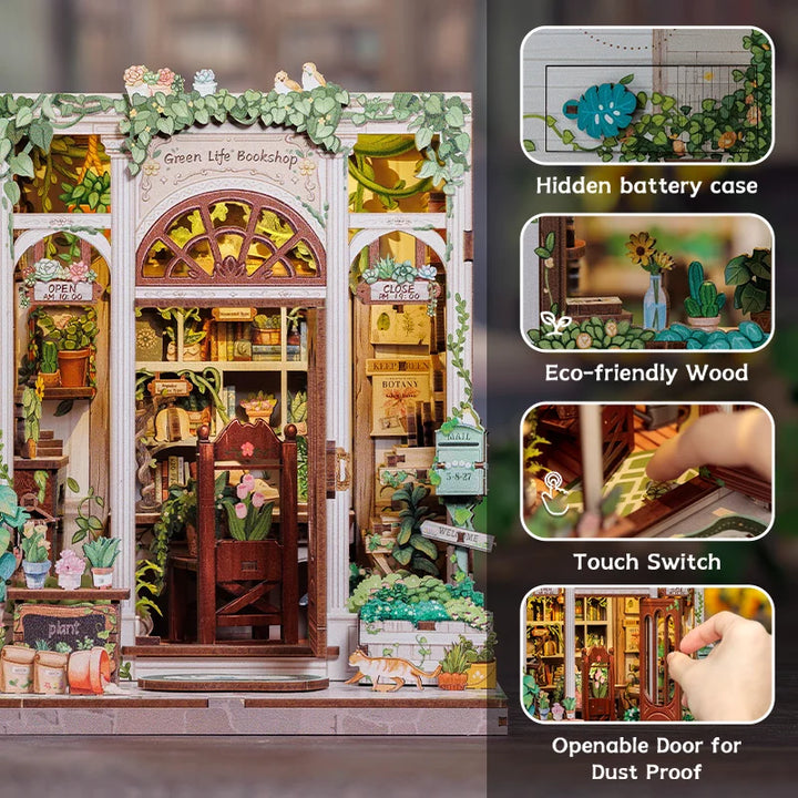 CUTEBEE Bookstore Book Nook with Light DIY Miniature Wooden Dollhouse for Decor Gift Bookshelf Insert Kit 3D Puzzle
