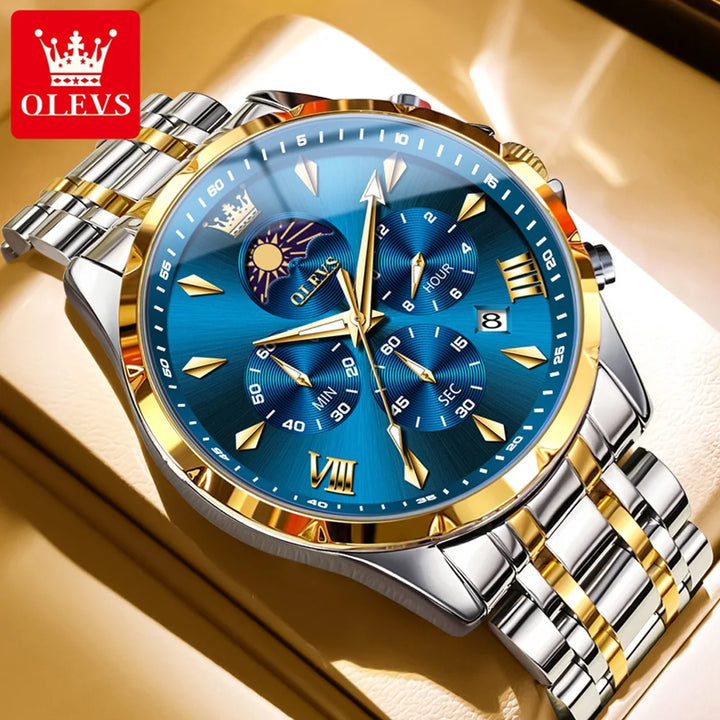 OLEVS Top Moon Phase Fashion Men's Watches Stainless steel Waterproof Quartz Watch for Man Calendar Luminous Daily Wristwatch