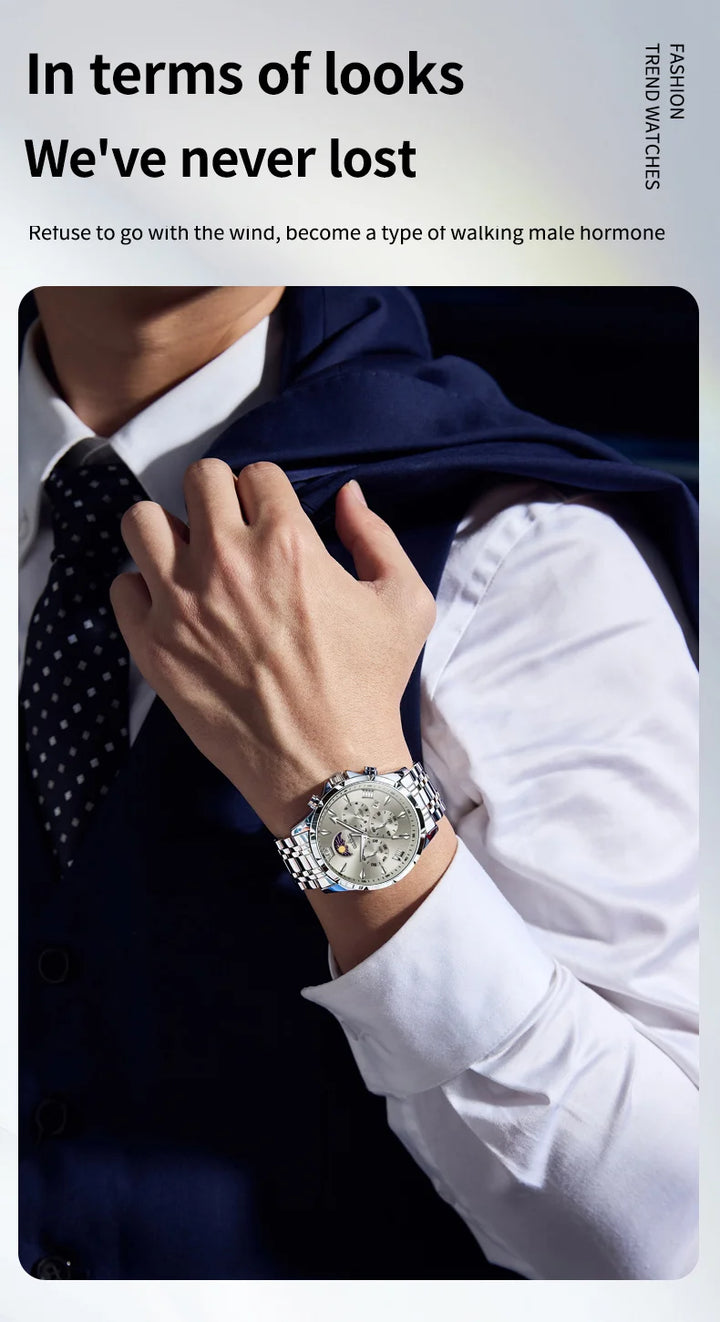 OLEVS Top Moon Phase Fashion Men's Watches Stainless steel Waterproof Quartz Watch for Man Calendar Luminous Daily Wristwatch