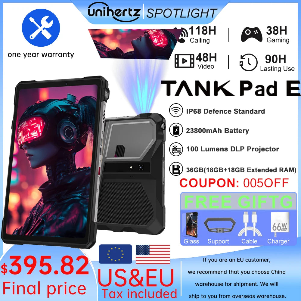 Unihertz 8849 TANK PAD E Rugged Tablet with Projector Android 21000mAh 120Hz 50MP Camera 24GB 512GB 66W 10.95 inch Phone Tablet