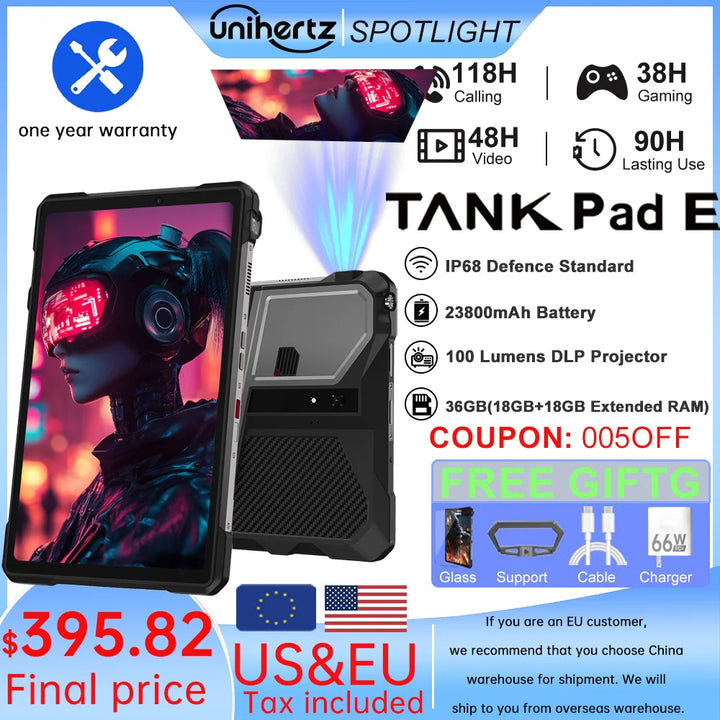Unihertz 8849 TANK PAD E Rugged Tablet with Projector Android 21000mAh 120Hz 50MP Camera 24GB 512GB 66W 10.95 inch Phone Tablet
