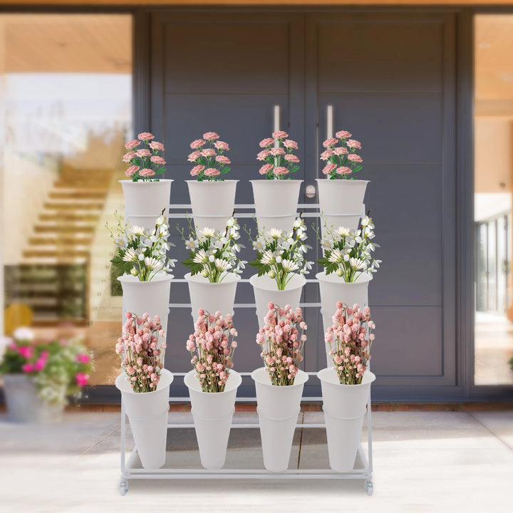 3 Layers Flower Display Stand Movable Modern Metal Plant Shelf with 12Pcs Flower Buckets & Wheels for Home Garden Patio Balcony