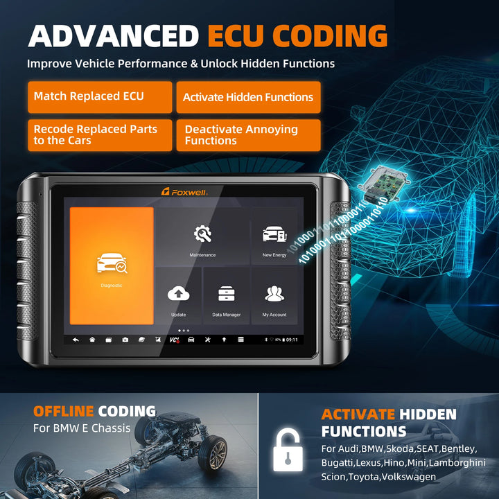 FOXWELL NT1009 10.1 inch OBD2 Car Scanner ECU Coding Active Test Guided Functions OE All System OBD2 Automotive Diagnosis Tools
