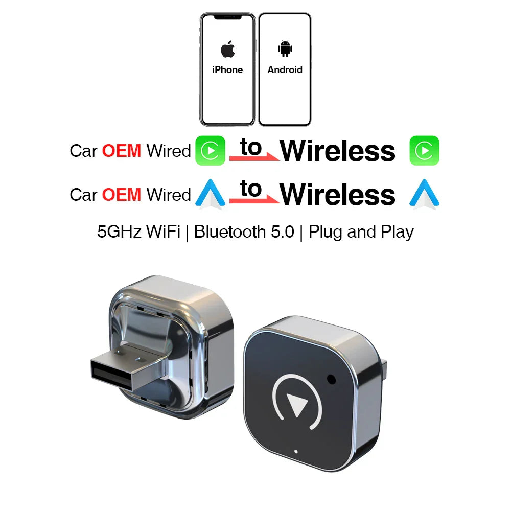 2in1 Wired to Wireless CarPlay Android Auto Adapter for OEM Car Stereo With USB Plug and Play Bluetooth