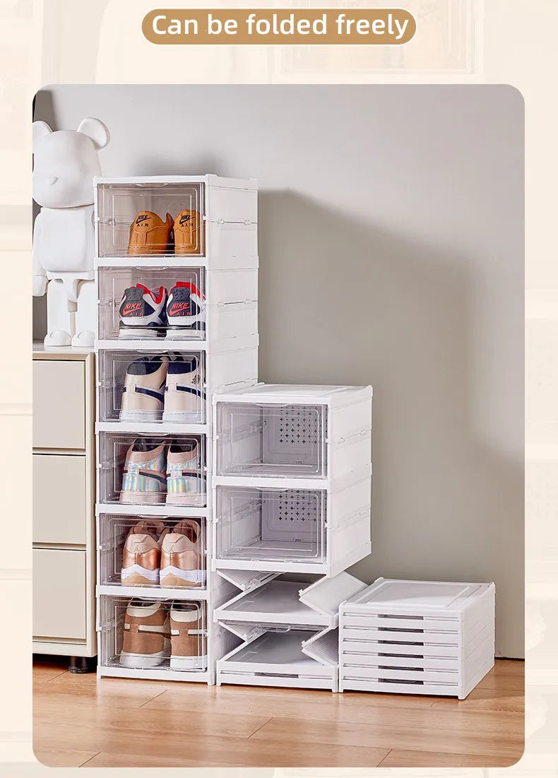 Shoes Storage Box Foldable Transparent Sneaker Shoe Organizers Cabinet Stackable Dustproof High-top Cabinet Shoe Rack Shelf