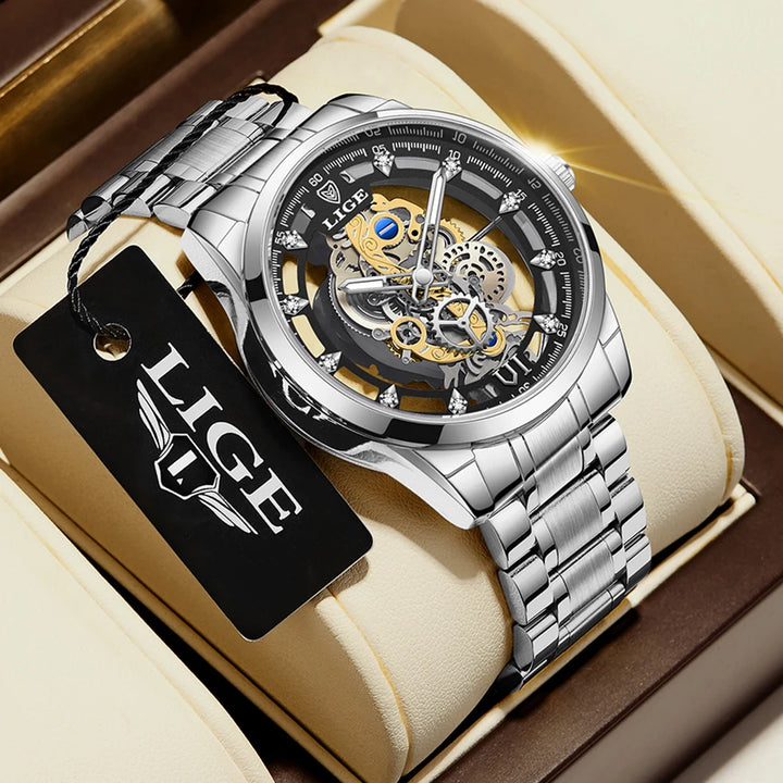 LIGE New Fashion Mens Watches Top Brand Luxury Hollow Watch Men Military Sports Waterproof Quartz Watch For Men Montre Homme+BOX