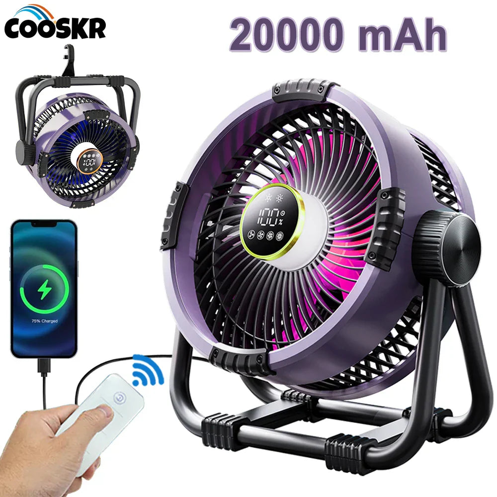 Camping Fan 20000mAh Rechargeable Portable Fan Outdoor Camping Wireless Tent Ceiling Fans with Hook and Light Air Circulators