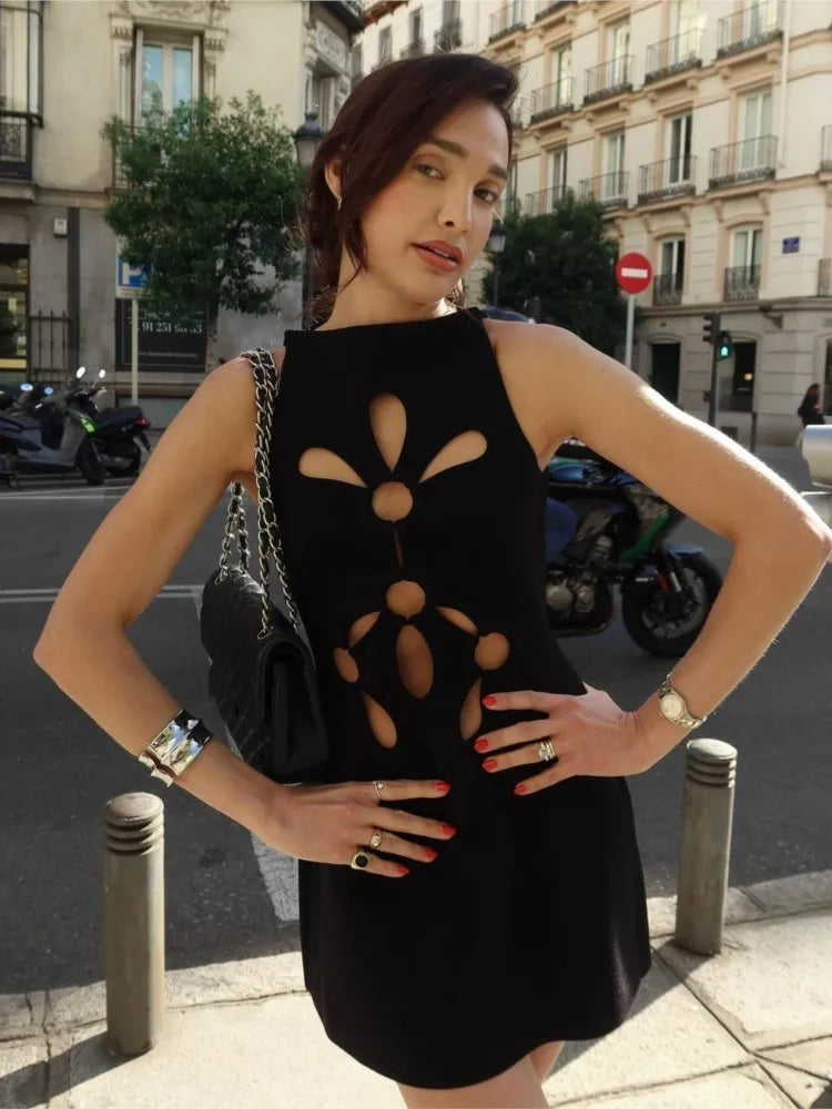 Hollow Out Sleeveless Dress Women Sexy Temperament Waist Cinching Slimming Elastic Summer Round Neck Hip Hugging Short Dress