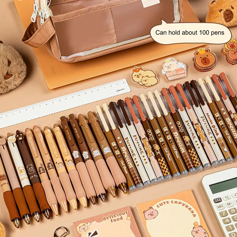 Clear Plastic Pencil Case With Cute Capybara Plush And Pins Multi-layers Pouch Large Capacity Aesthetic Pencil Pouch Stationary